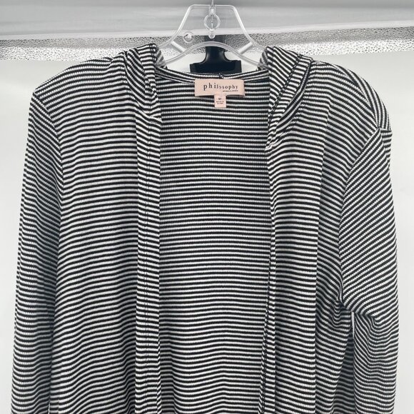 Philosophy Womens Striped Hooded Cardigan Open Front Black/White Size Medium - Picture 2 of 9